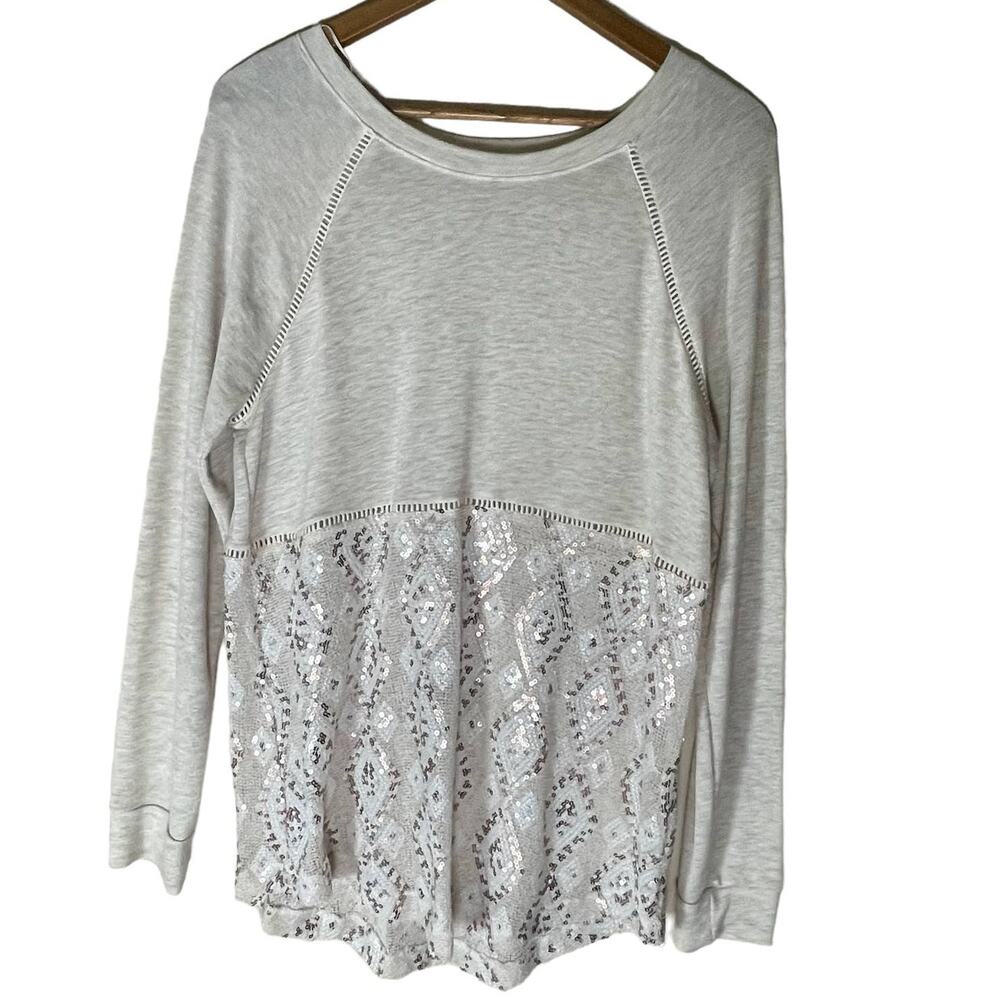 Potter's Pot Cream Tunic Sequins Semi-Sheer Cutouts sz Med Women's Shirt Top